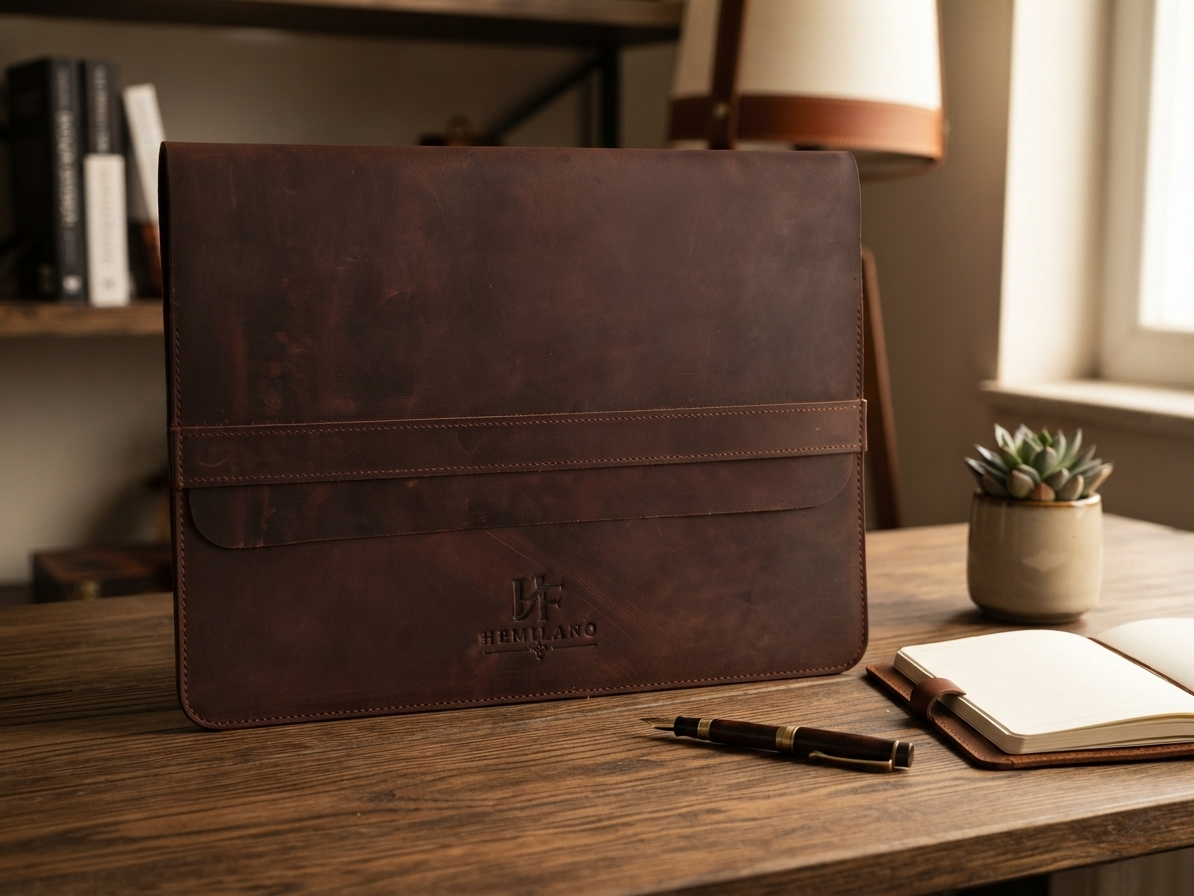 HF Milano Premium Pull-Up Leather Laptop Sleeve with Phone Pocket – Chocolate Brown - Image 2