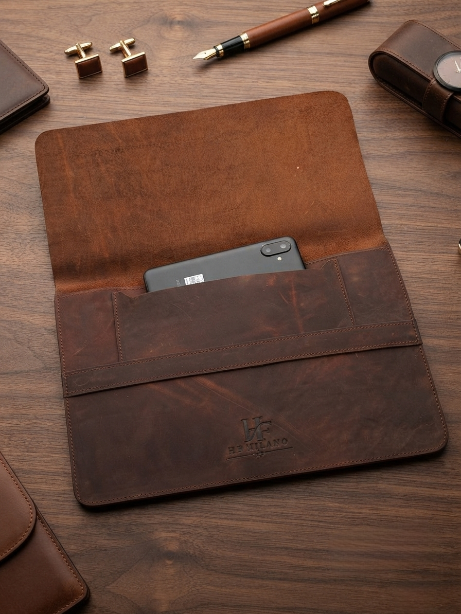 HF Milano Premium Pull-Up Leather Laptop Sleeve with Phone Pocket – Chocolate Brown