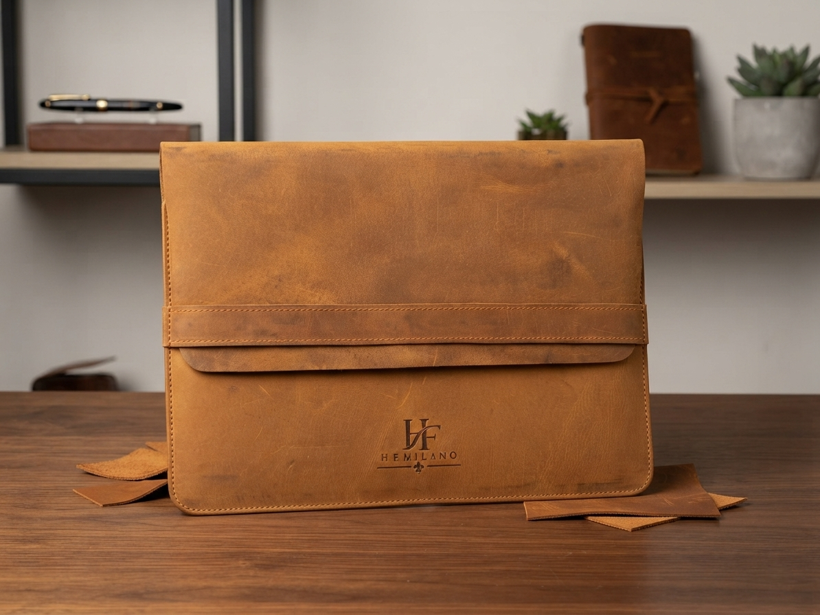 Milano Premium Pull-Up Leather Laptop & Macbook,additional Phone pocket Sleeve - Image 6