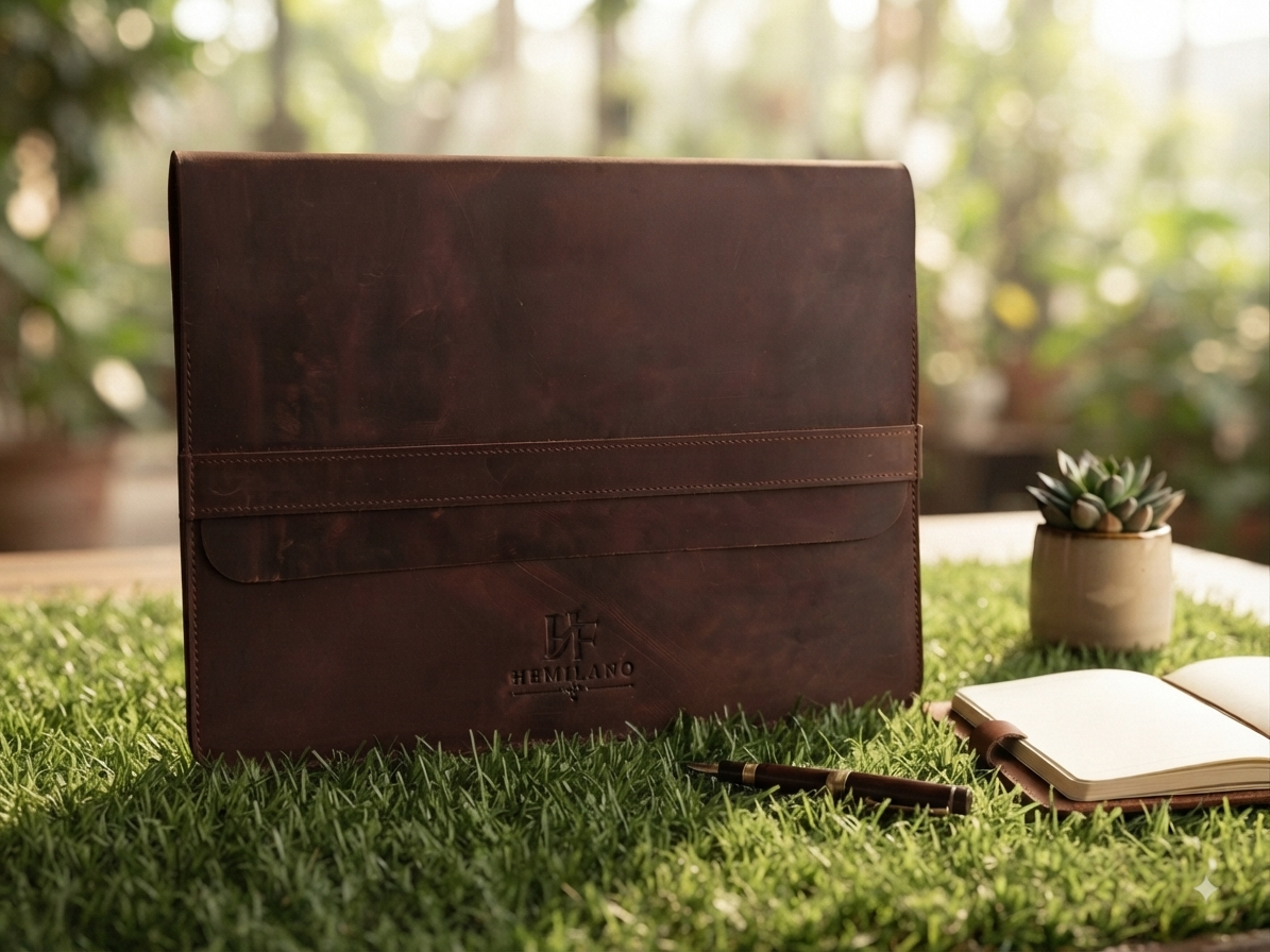 HF Milano Premium Pull-Up Leather Laptop Sleeve with Phone Pocket – Chocolate Brown - Image 6